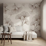 papier peint nature feuille ginkgo dessines traits fins tons beige rose et brun -6
