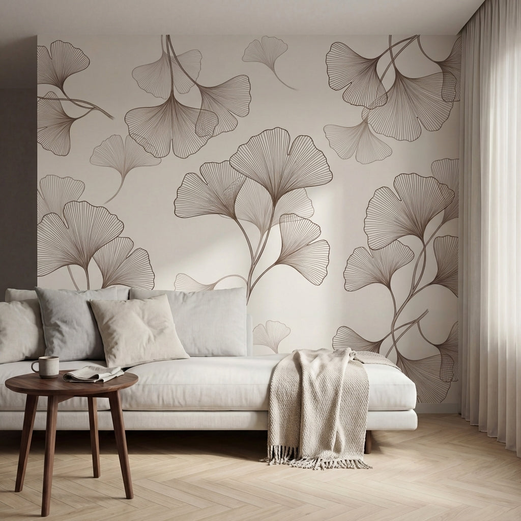 papier peint nature feuille ginkgo dessines traits fins tons beige rose et brun -6
