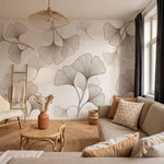 papier peint nature feuille ginkgo dessines traits fins tons beige rose et brun -8