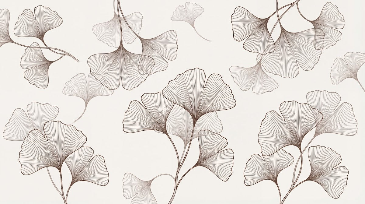 Papier peint panoramique nature feuille - Ginkgo dessinés traits fins tons beige rosé et brun taupe sur mesure - Design