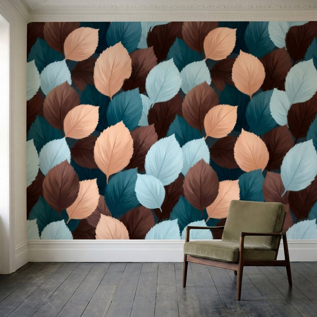 papier peint nature feuille motifs ovales superposes tons bleu canard peche et b-2
