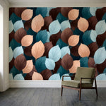 papier peint nature feuille motifs ovales superposes tons bleu canard peche et b-2