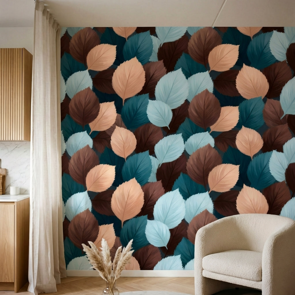 papier peint nature feuille motifs ovales superposes tons bleu canard peche et b-HERO-8