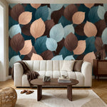 papier peint nature feuille motifs ovales superposes tons bleu canard peche et b-VARIANTE-6
