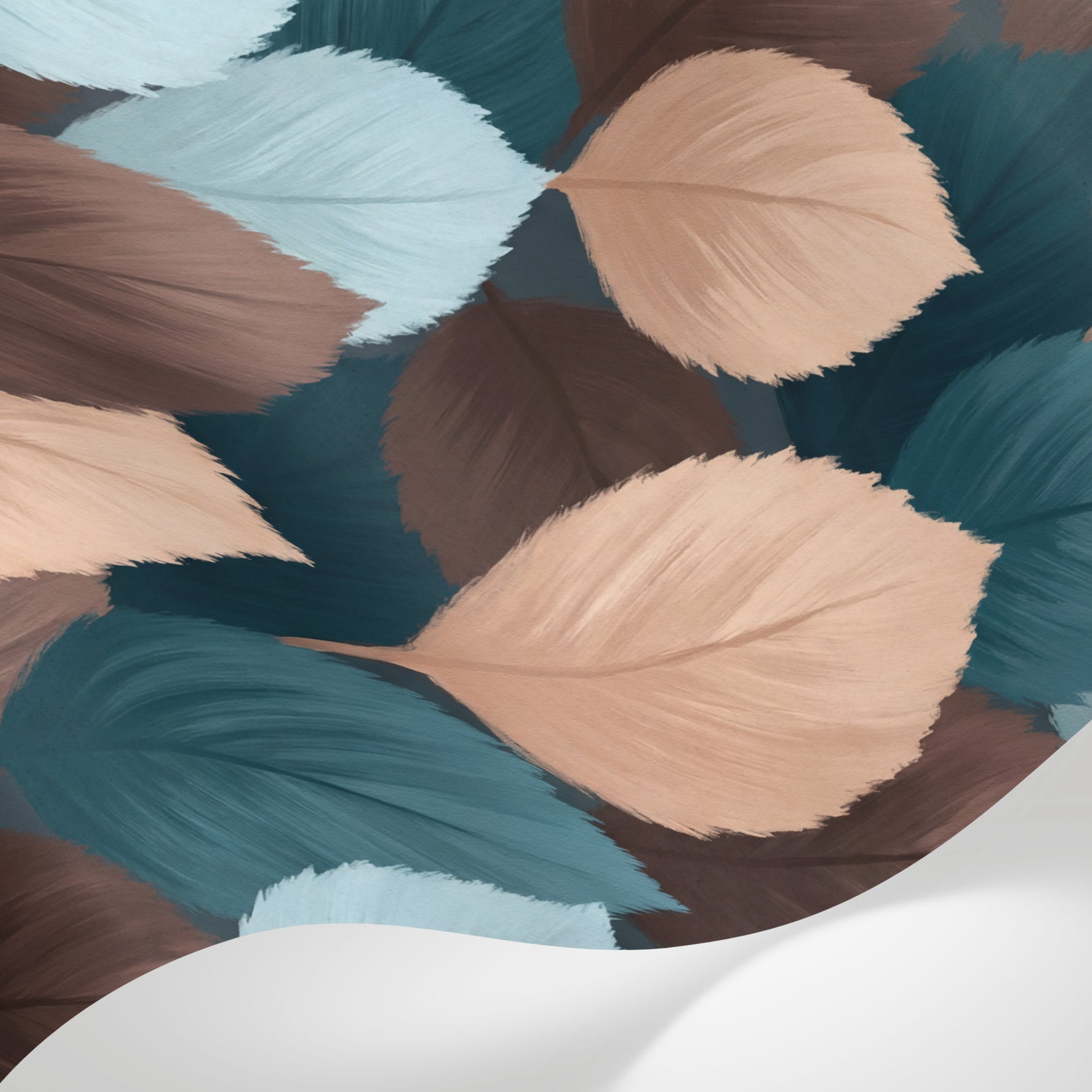 Papier peint panoramique nature feuille - Motifs ovales superposés tons bleu canard pêche et brun chocolat sur mesure - Matière