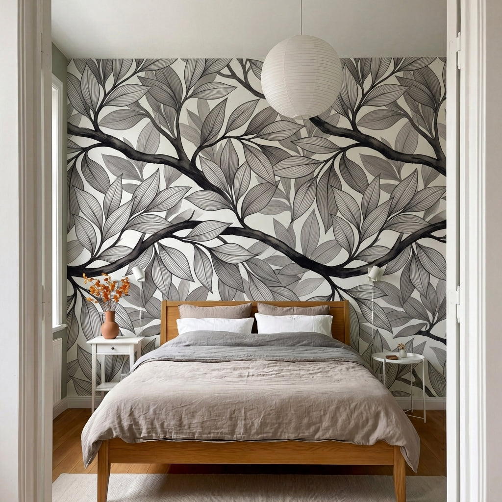 papier peint nature noir et blanc feuillage branches vegetal graphique tons sepi-8