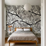 papier peint nature noir et blanc feuillage branches vegetal graphique tons sepi-8