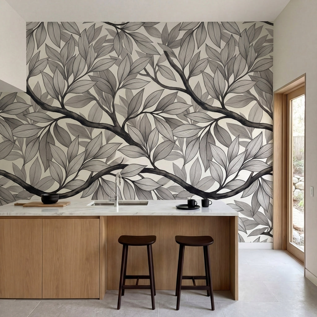 papier peint nature noir et blanc feuillage branches vegetal graphique tons sepi-HERO-10