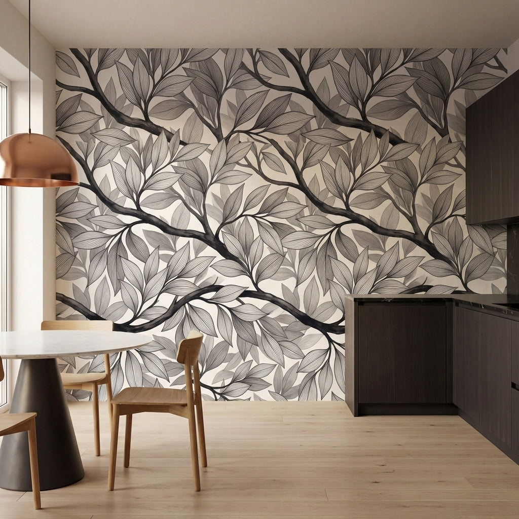 papier peint nature noir et blanc feuillage branches vegetal graphique tons sepi-HERO-9