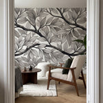 papier peint nature noir et blanc feuillage branches vegetal graphique tons sepi-VARIANTE-9