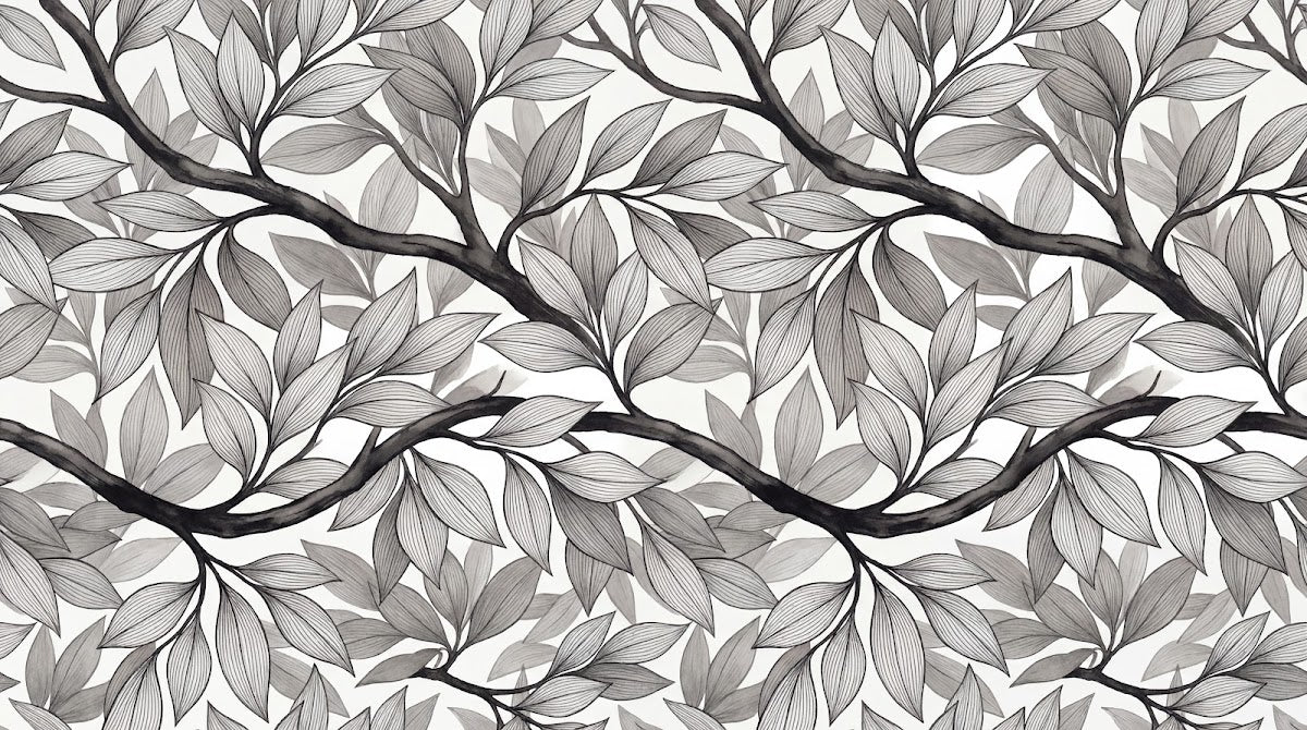 Papier peint panoramique nature - Feuillage branches végétal graphique tons noir et gris sur mesure - Design