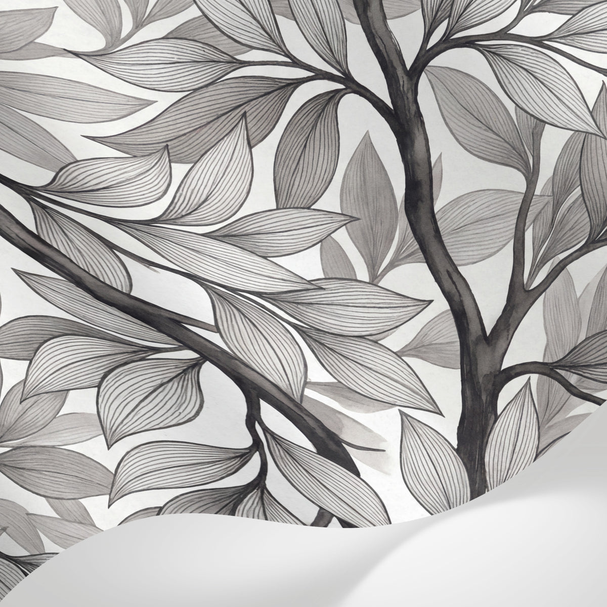 Papier peint panoramique nature - Feuillage branches végétal graphique tons noir et gris sur mesure - Matière