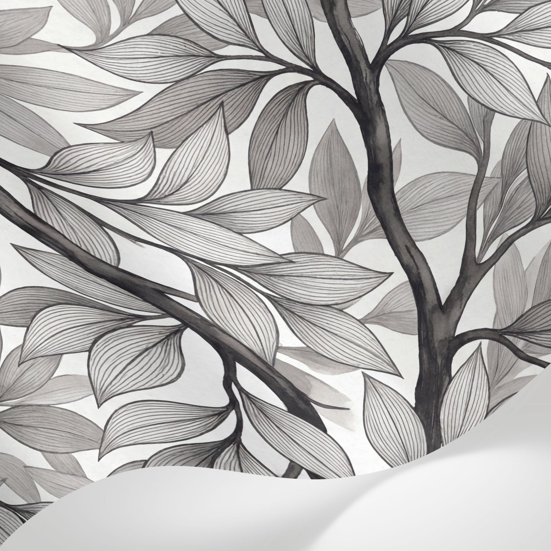 Papier peint panoramique nature - Feuillage branches végétal graphique tons noir et gris sur mesure - Matière