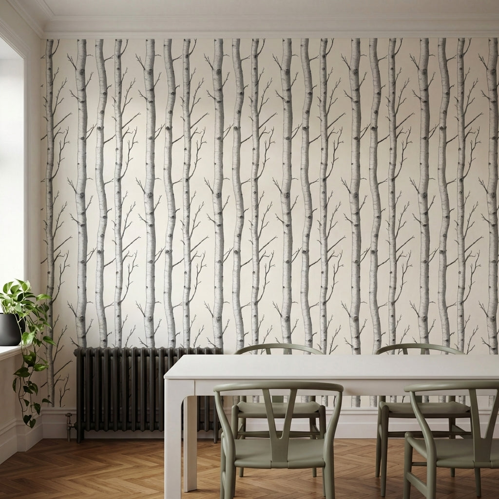 papier peint nature troncs de bouleaux et branchages blanc ecru et noir panorami-HERO-2