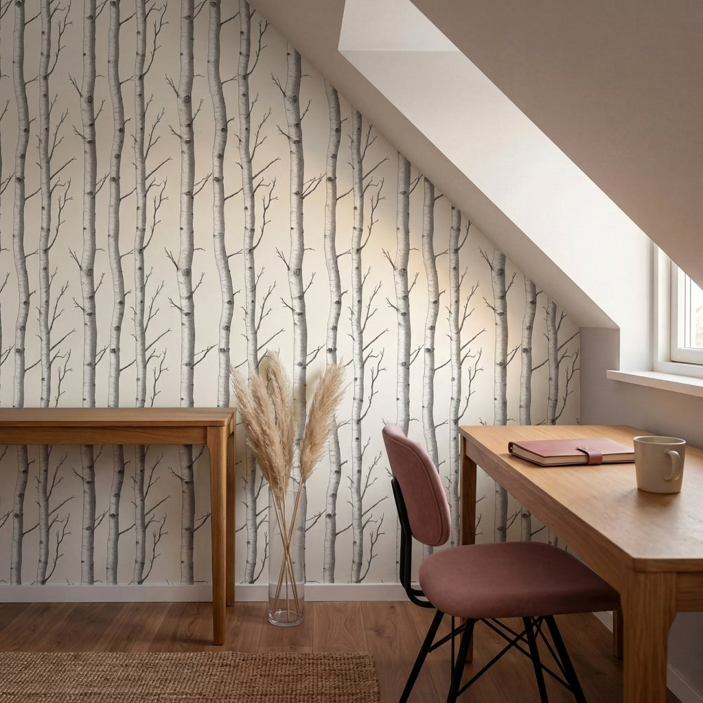 papier peint nature troncs de bouleaux et branchages blanc ecru et noir panorami-VARIANTE-2