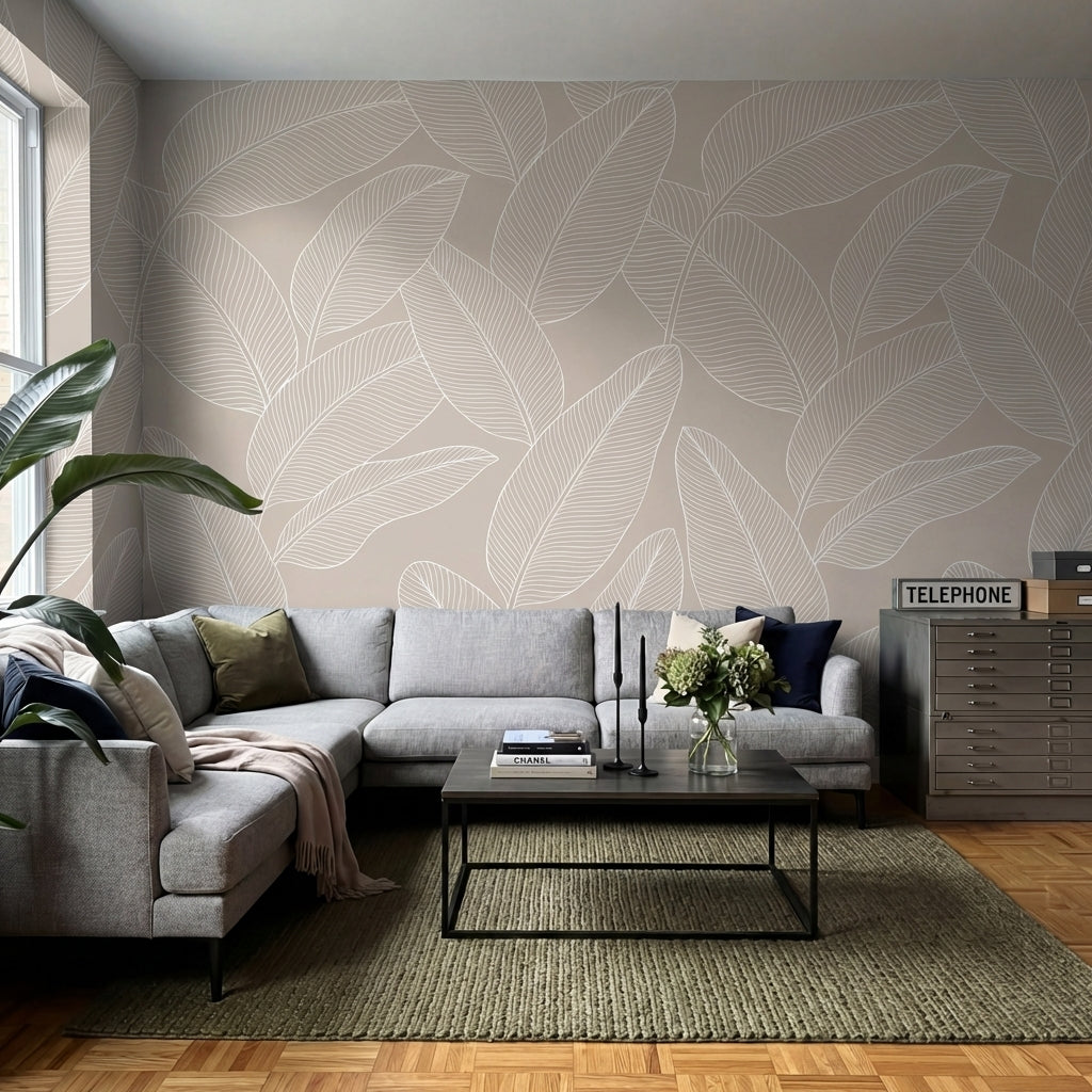 papier peint naturel feuilles dessinees traits fins superposees fond beige taupe-6