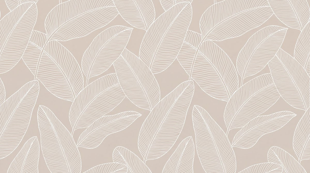 Papier peint panoramique feuillage - Feuilles dessinées traits fins superposées fond beige taupe et blanc crème sur mesure - Design