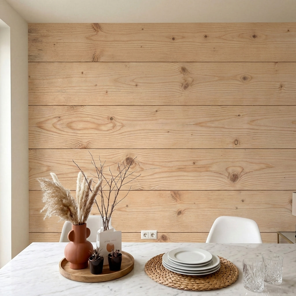 papier peint naturel planches bois vieilli nuds apparents tons beige miel et bru-10