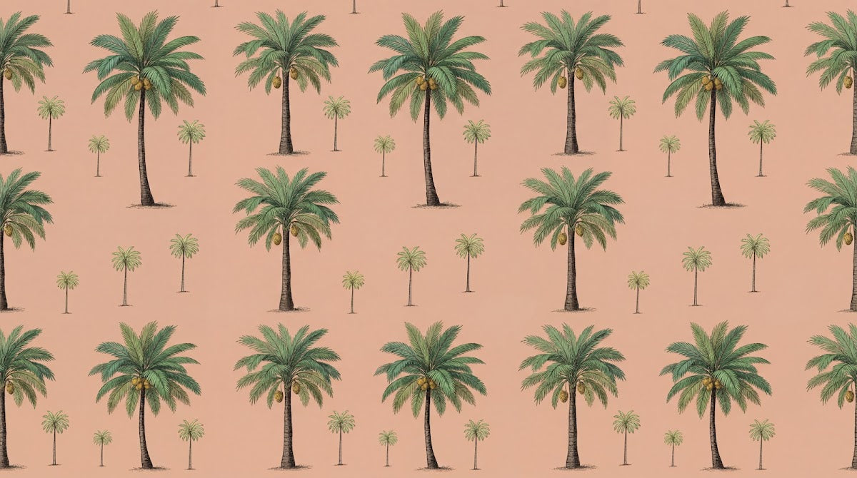 Papier peint panoramique palmier beige - Palmiers tropicaux répétitifs fronds détaillées fond rose saumon sur mesure - Design