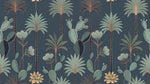 Papier peint panoramique palmier bleu - Palmiers cactus feuilles tropicales motifs répétitifs fond bleu ardoise sur mesure - Design
