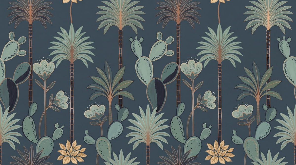 Papier peint panoramique palmier bleu - Palmiers cactus feuilles tropicales motifs répétitifs fond bleu ardoise sur mesure - Design