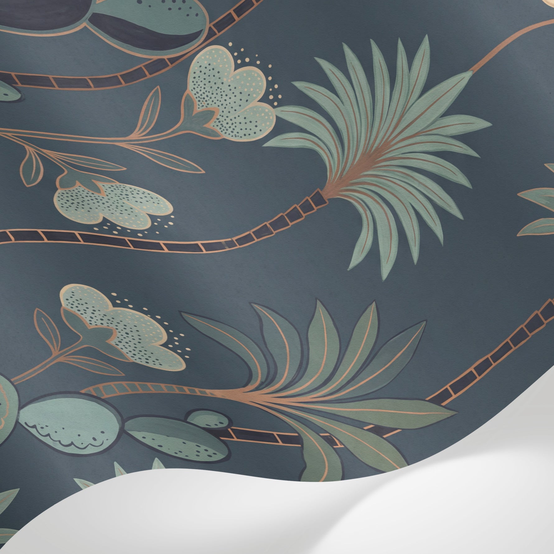 Papier peint panoramique palmier bleu - Palmiers cactus feuilles tropicales motifs répétitifs fond bleu ardoise sur mesure - Matière