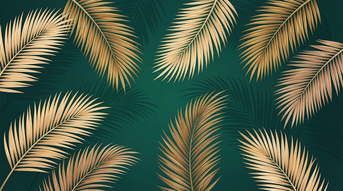 Papier peint panoramique palmier doré - Feuilles tropicales luxuriantes palmiers dorés fond vert émeraude profond sur mesure - Design