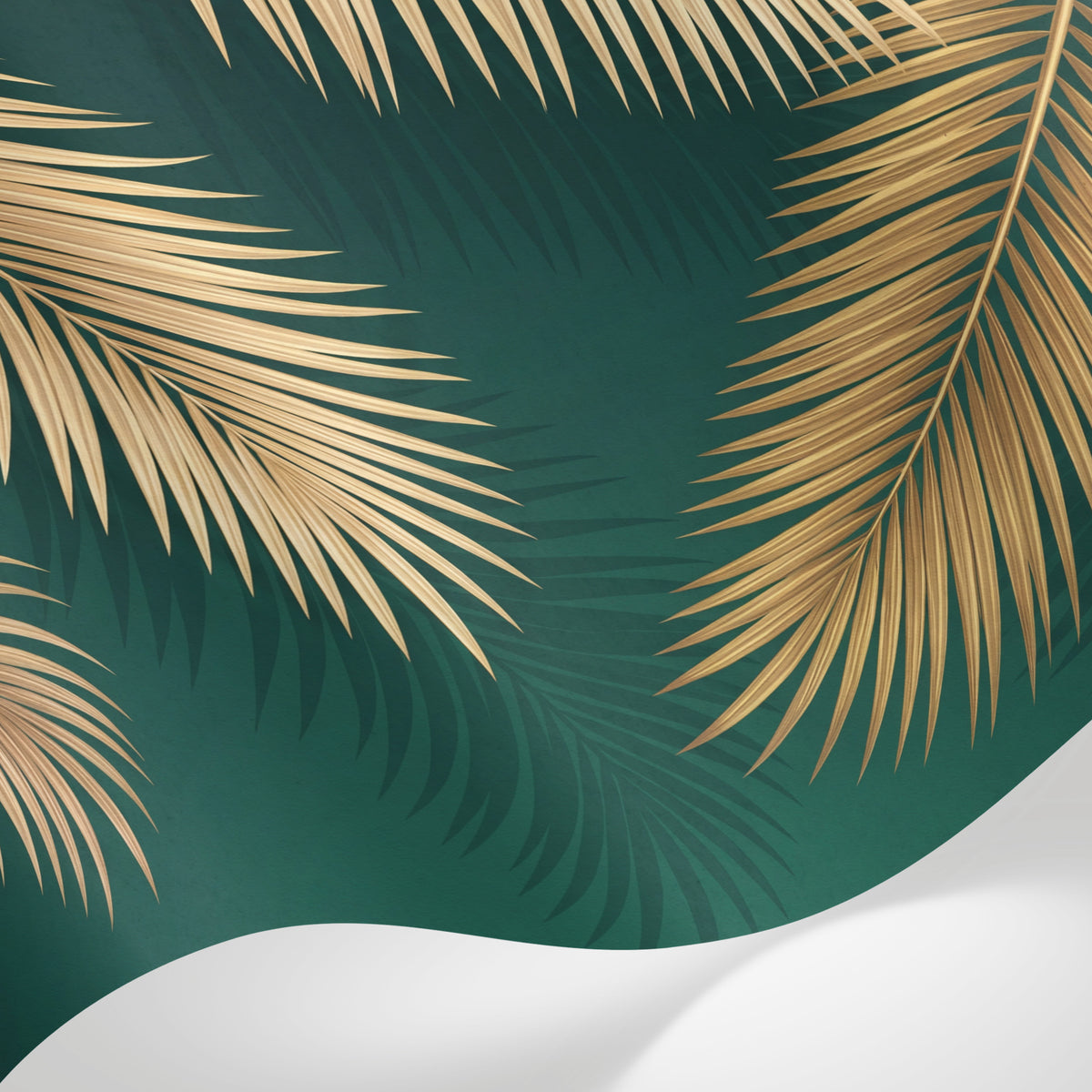 Papier peint panoramique palmier doré - Feuilles tropicales luxuriantes palmiers dorés fond vert émeraude profond sur mesure - Matière