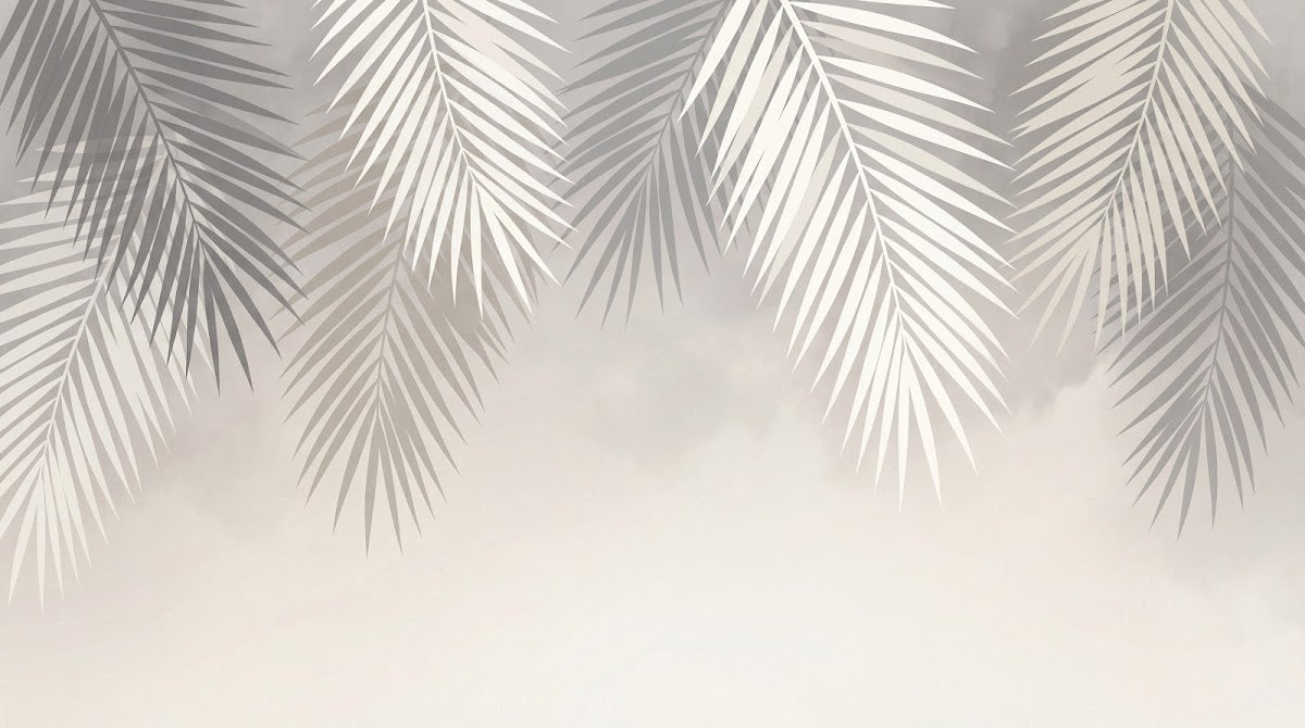 Papier peint panoramique palmier doré - Feuilles tropicales silhouettes superposées tons beige crème et or métallisé sur mesure - Design