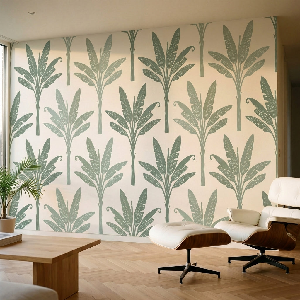 papier peint palmier vert feuilles bananier motifs repetitifs fond beige creme e-1