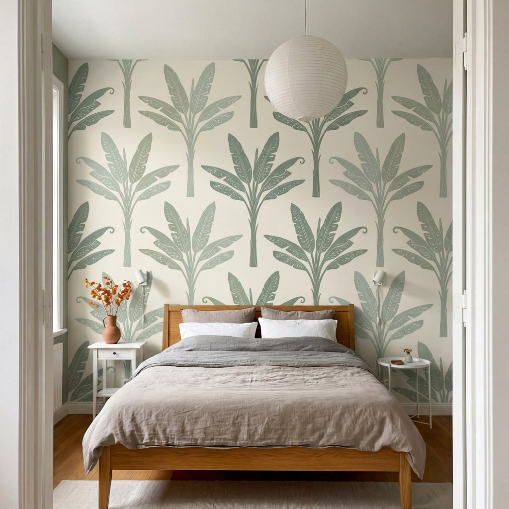 papier peint palmier vert feuilles bananier motifs repetitifs fond beige creme e-10