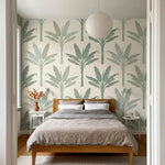 papier peint palmier vert feuilles bananier motifs repetitifs fond beige creme e-10