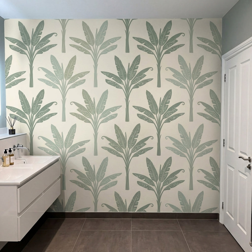 papier peint palmier vert feuilles bananier motifs repetitifs fond beige creme e-8