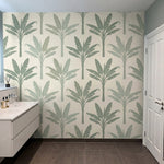 papier peint palmier vert feuilles bananier motifs repetitifs fond beige creme e-8