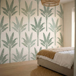 papier peint palmier vert feuilles bananier motifs repetitifs fond beige creme e-HERO-8