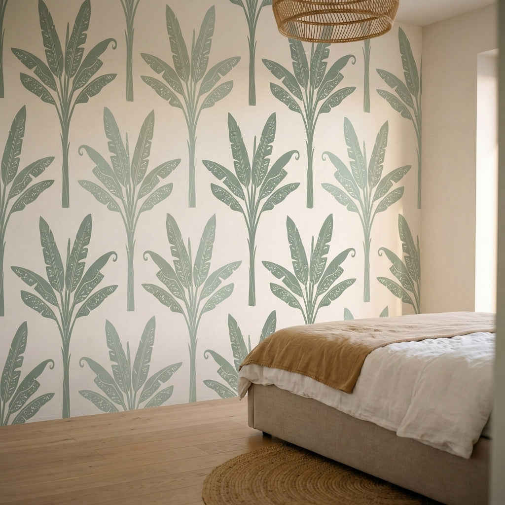papier peint palmier vert feuilles bananier motifs repetitifs fond beige creme e-HERO-8