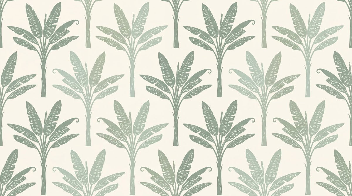 Papier peint panoramique palmier vert - Feuilles bananier motifs répétitifs fond beige crème et détails dorés sur mesure - Design