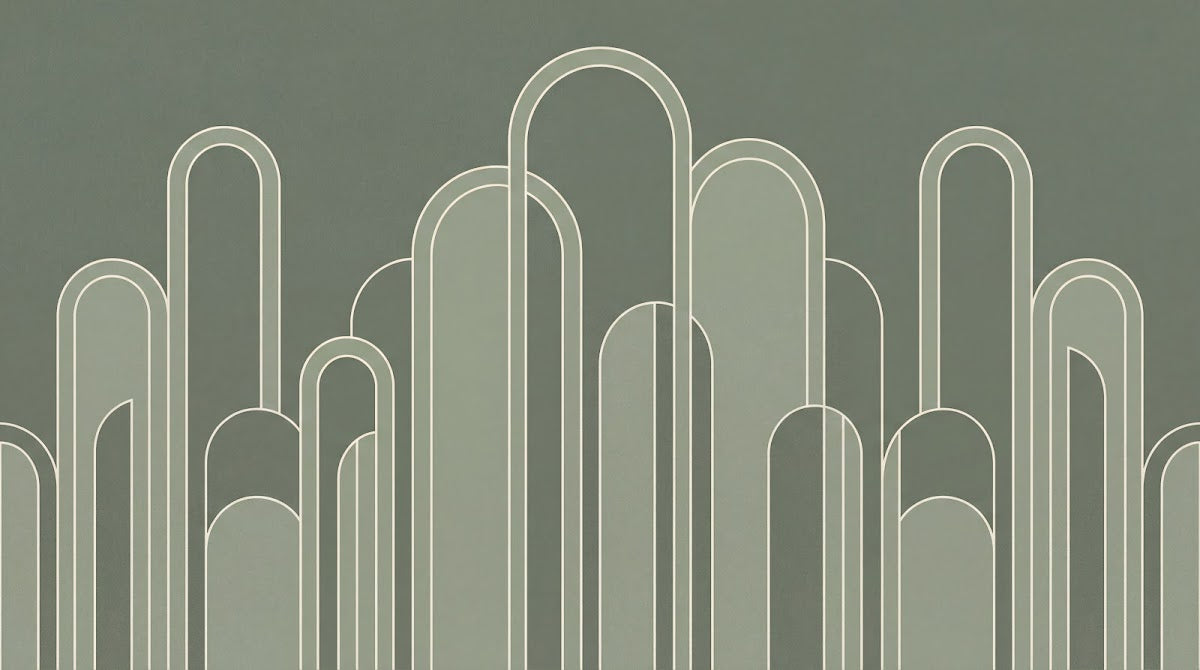 Papier peint panoramique abstrait - Arches géométriques superposées dégradé vert olive et beige sur mesure - Design