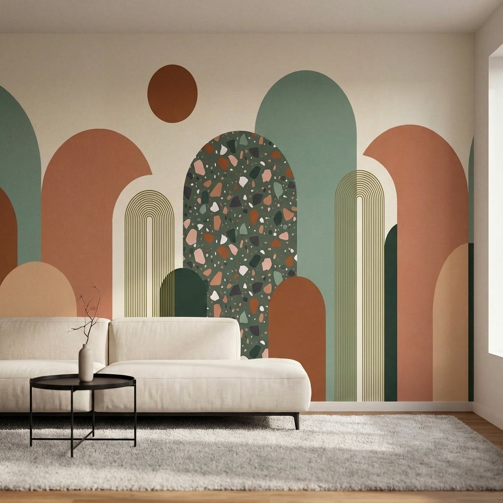 papier peint panoramique abstrait arches geometriques terrazzo colore fond beige-1