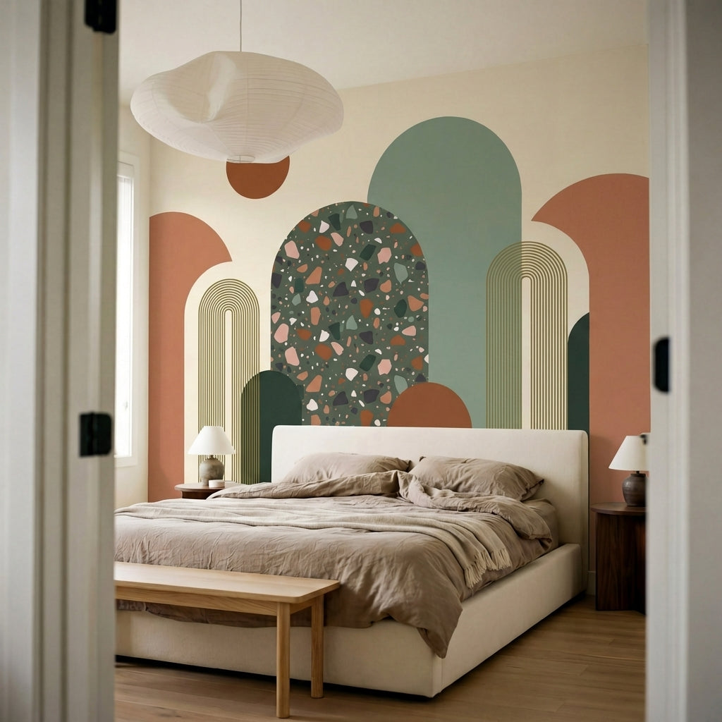 papier peint panoramique abstrait arches geometriques terrazzo colore fond beige-8