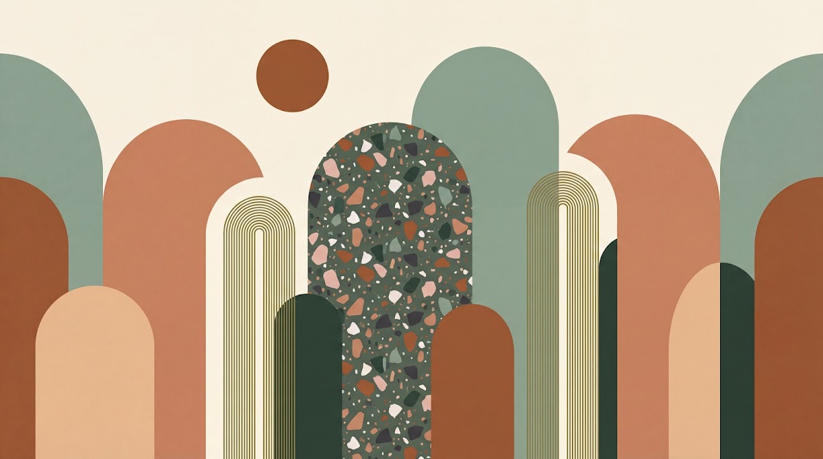 Papier peint panoramique abstrait - Arches géométriques terrazzo coloré fond beige crème et vert sauge sur mesure - Design