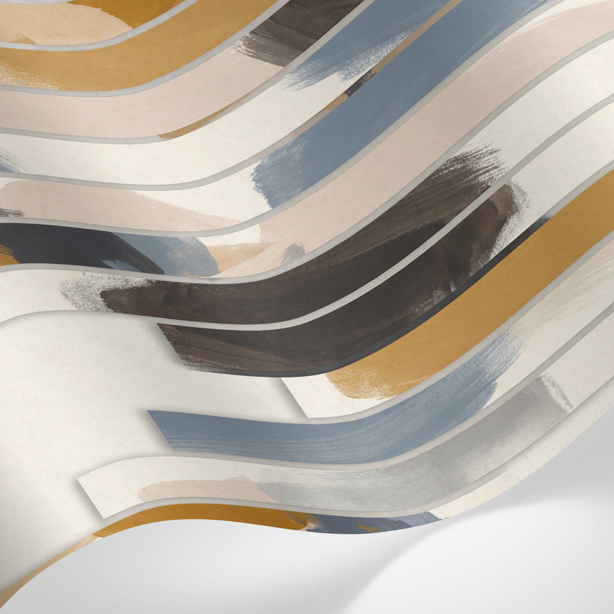 Papier peint panoramique abstrait - Bandes verticales géométriques brushstrokes tons beige bleu et or sur mesure - Matière