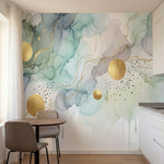 papier peint panoramique abstrait formes nuageuses aquarelle tons vert menthe gr-2