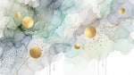 Papier peint panoramique abstrait - Formes nuageuses aquarelle tons vert menthe gris bleu et cercles dorés sur mesure - Design