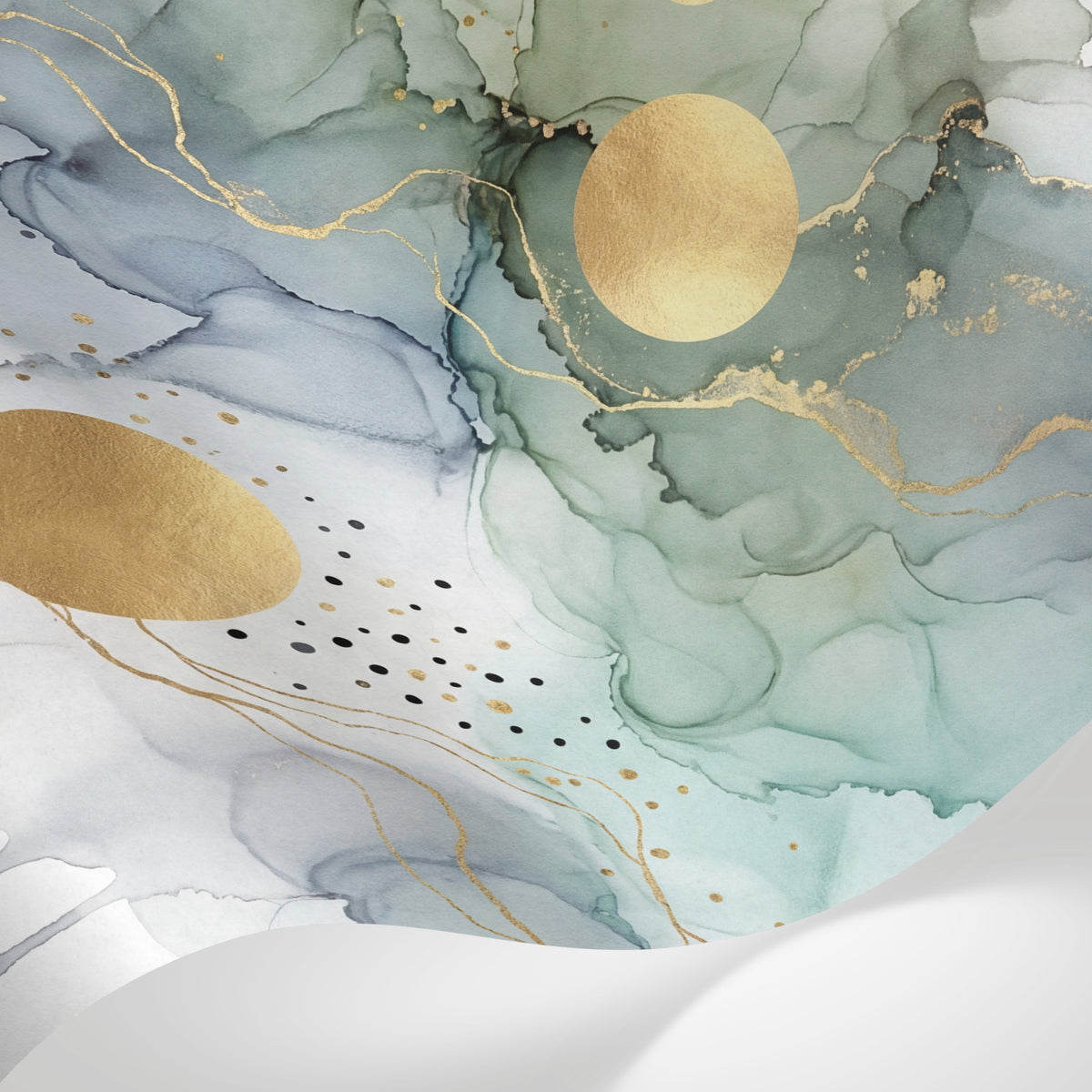 Papier peint panoramique abstrait - Formes nuageuses aquarelle tons vert menthe gris bleu et cercles dorés sur mesure - Matière