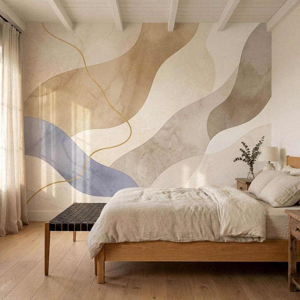 papier peint panoramique abstrait formes organiques fluides degrade beige creme -9