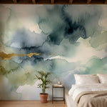 papier peint panoramique abstrait nuages aquarelle vaporeuse tons vert sauge gri-1