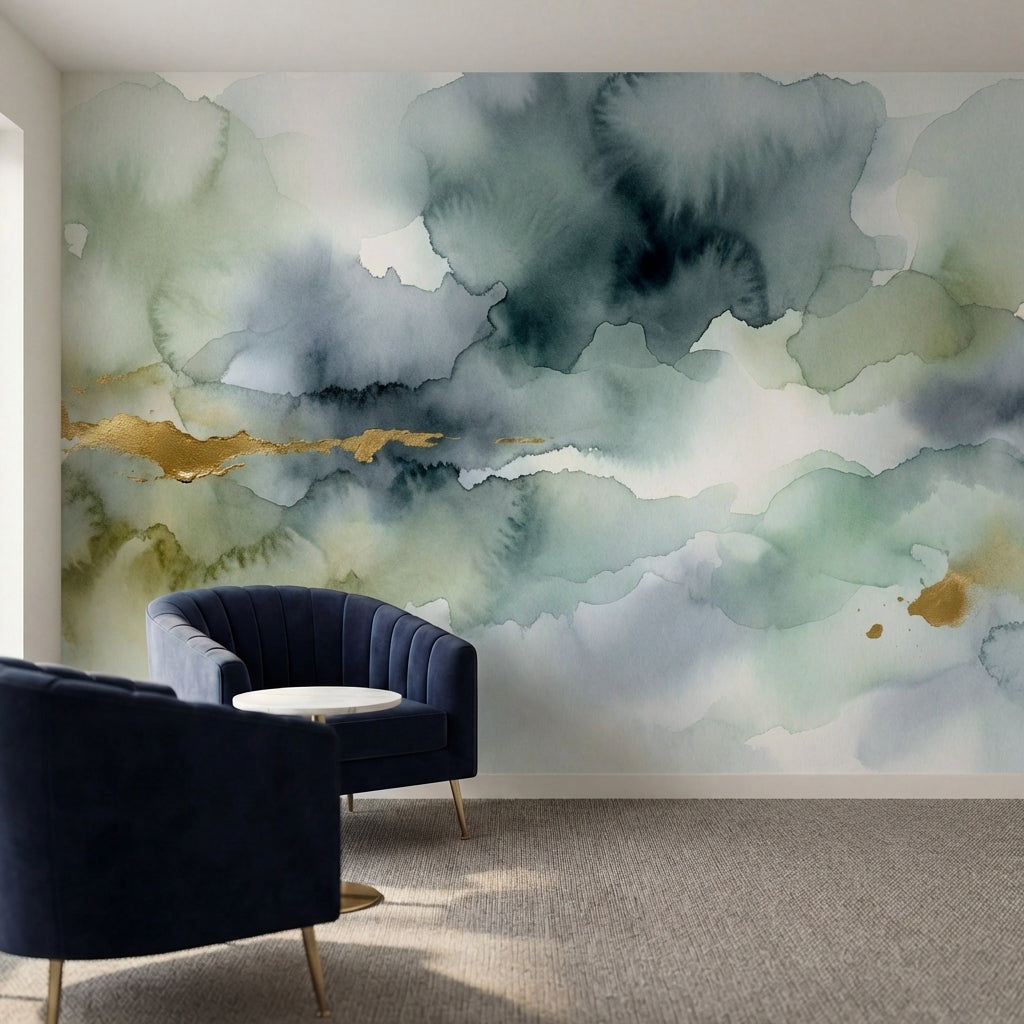 papier peint panoramique abstrait nuages aquarelle vaporeuse tons vert sauge gri-3