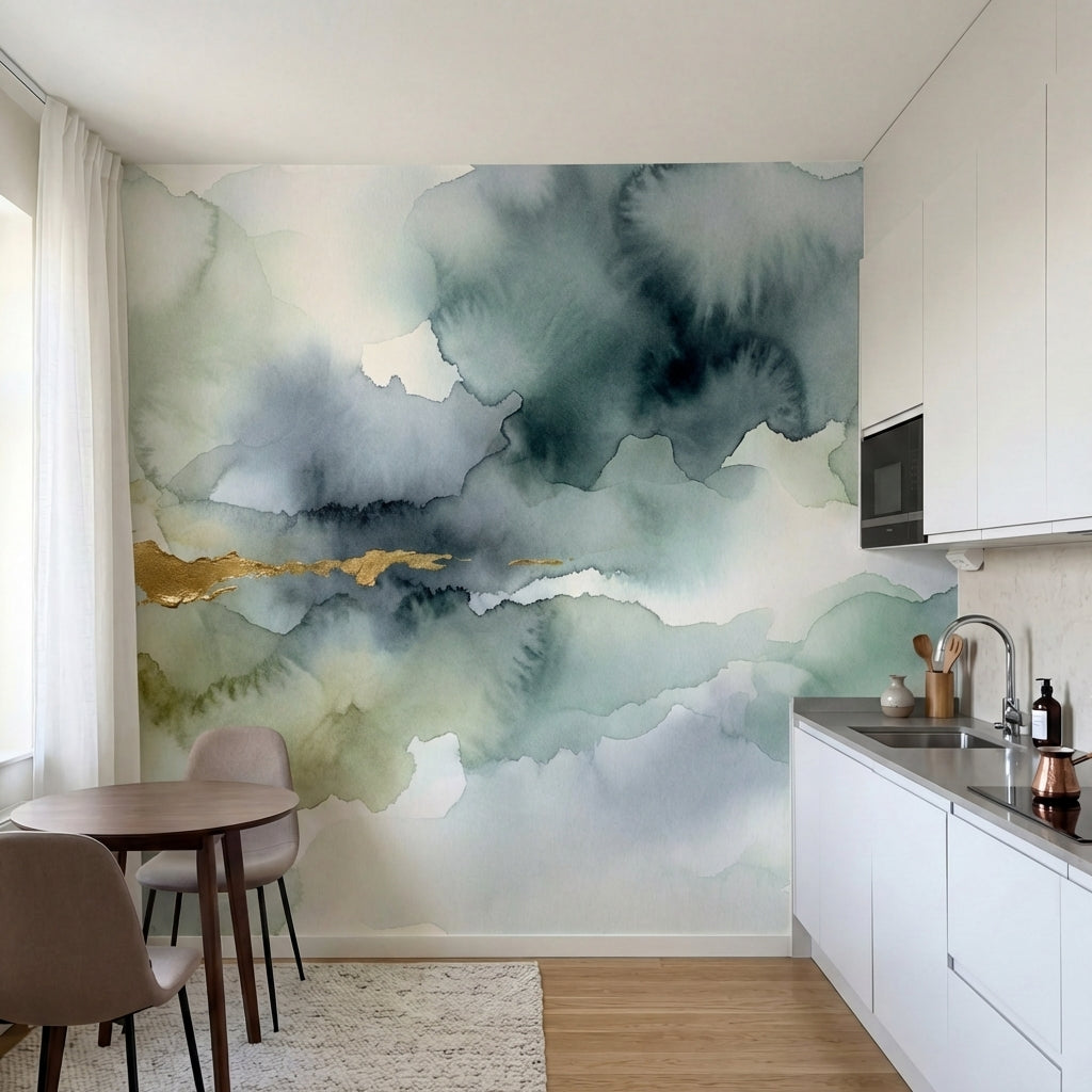papier peint panoramique abstrait nuages aquarelle vaporeuse tons vert sauge gri-7