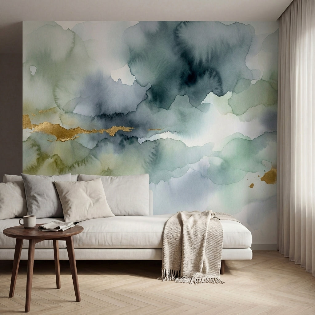 papier peint panoramique abstrait nuages aquarelle vaporeuse tons vert sauge gri-8
